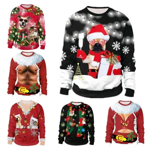 Ugly Christmas Sweater For Holidays Santa Elf Funny Fake Hair Sweatshirt Autumn Winter Blouses Clothing