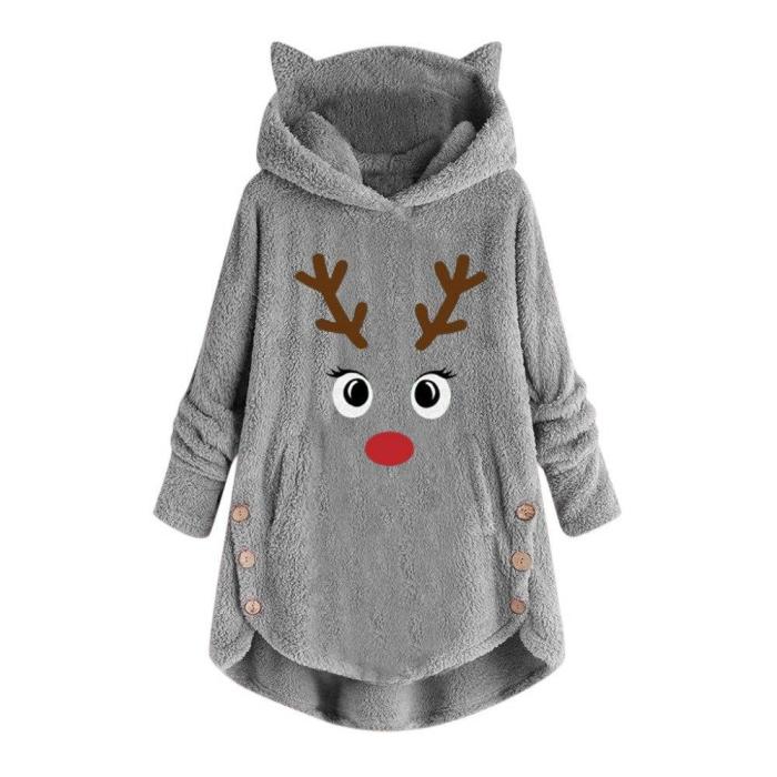 Women Printed Cat Ears Hooded Large Size Long Sleeve Button Sweater Warm Pullover Christmas Casual Tops Hoodie