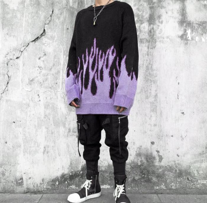 Sweater Men Harajuku Flame Hip Hop Streetwear Men Clothing Spandex Pullover O-Neck Oversize Fashion Casual Couple Male Sweaters