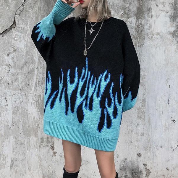 Sweater Female Hip-Hop Style Flame Jacquard Couple Pullover Knit Top Loose Men Sweatshirt