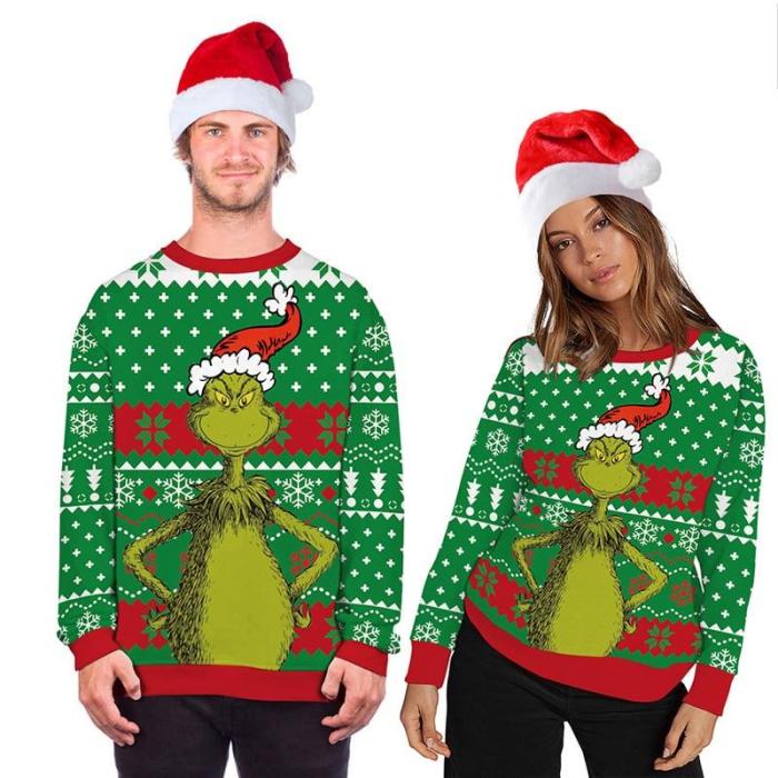 Christmas Sweater Green Hair Monster 3D Printing Novelty Sweaters Women Ugly Christmas Sweater  Lovers Clothing