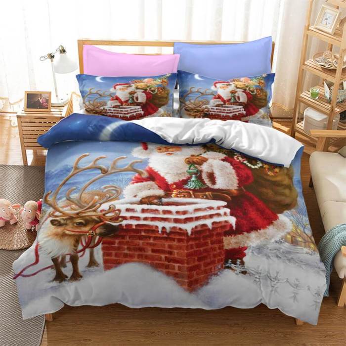 Father Christmas 3 Piece Bedding Set Quilt Duvet Cover Bed Sheets Sets
