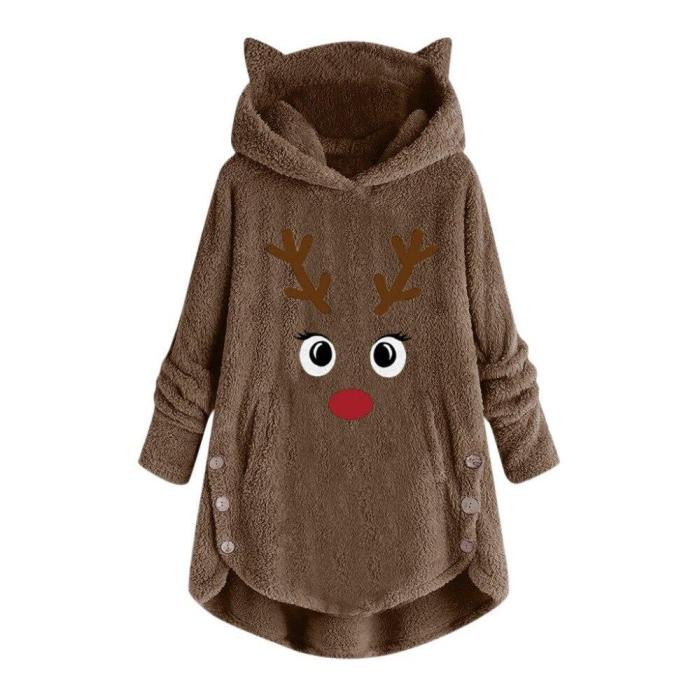 Women Printed Cat Ears Hooded Large Size Long Sleeve Button Sweater Warm Pullover Christmas Casual Tops Hoodie