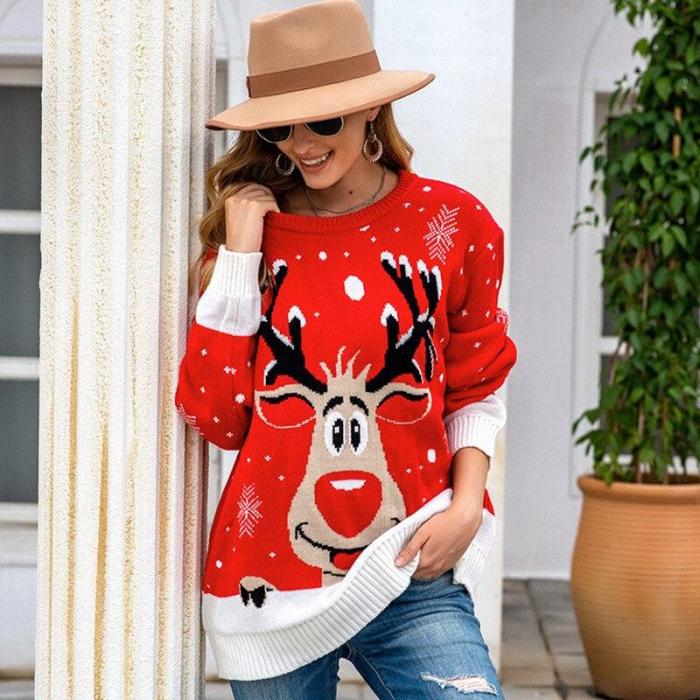 Christmas Deer Warm Knitted Long Sleeve Sweater Jumper Tops O-Neck Casual Ugly Christmas Blouse
