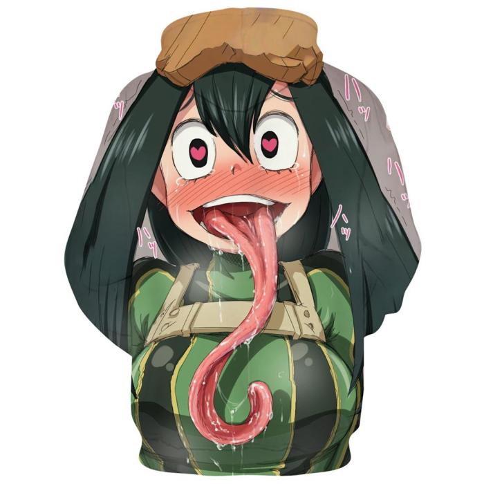 My Hero Academy Anime Asui Tsuyu Tongue Out Cosplay Adult Unisex 3D Printed Hoodie Sweatshirt Pullover