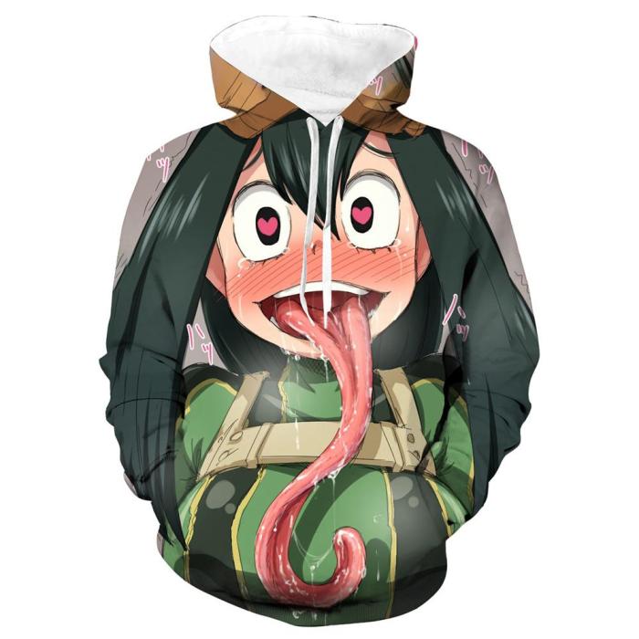 My Hero Academy Anime Asui Tsuyu Tongue Out Cosplay Adult Unisex 3D Printed Hoodie Sweatshirt Pullover