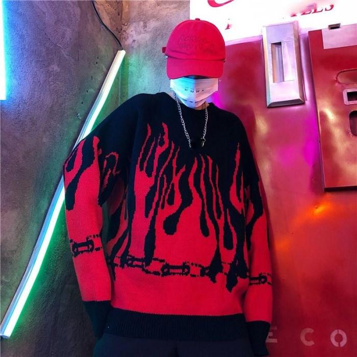 Pull Homme Blue Flame Sweater Red Purple Men Women Autumn Winter Korean Vintage Hip Hop