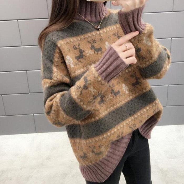 Fashion Casual Christmas Sweater Women  Winter Warm Jumper Loose Knitted Cashmere Sweater Pullover Top Pull Hiver Femme