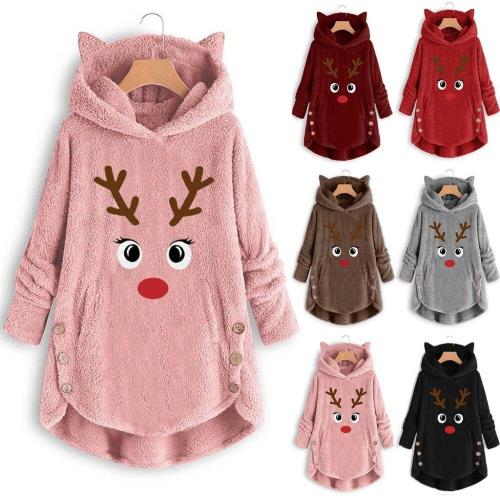 Women Printed Cat Ears Hooded Large Size Long Sleeve Button Sweater Warm Pullover Christmas Casual Tops Hoodie