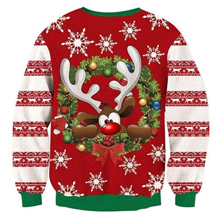 O Neck Christmas Sweater 3D Antler Print Novelty Ugly Christmas Sweater Unisex Men Women Long Sleeve Pullover Jumpers Sweater
