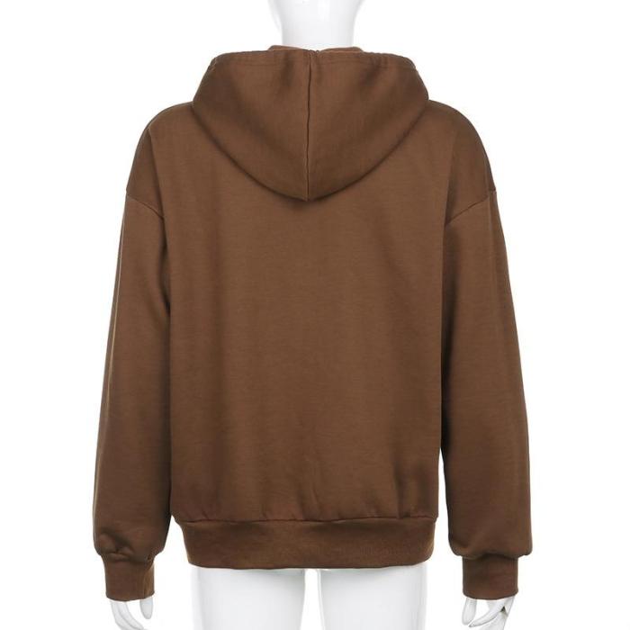 Brown Zip Hooded Sweatshirt Winter Jacket Top Oversized Hoodie Retro Pocket Woman Clothes Long Sleeve Pullover