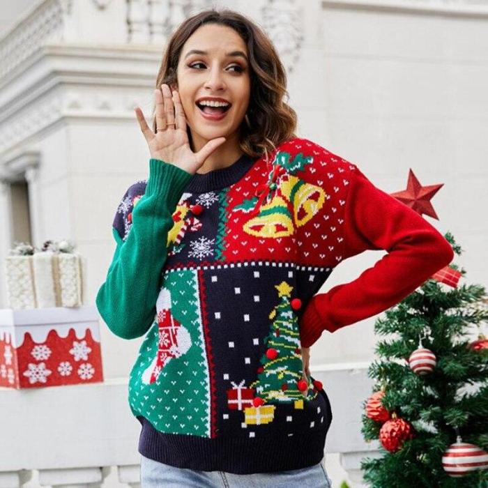 Women'S Snowflake Christmas Knitted Clothes Tree Long Sleeve Pullover Sweatshirt