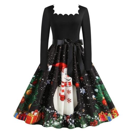 Christmas Costume Party Dress Long Sleeve Square Collar Printed Elegant Vintage Women Winter Sundress Plus Size Robe