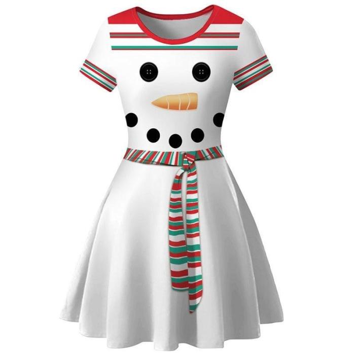 White Snowman Print Christmas Women   Short Sleeve Elegant Vintage Party Xmas Dress Robe Femme Casual Femal Clothes