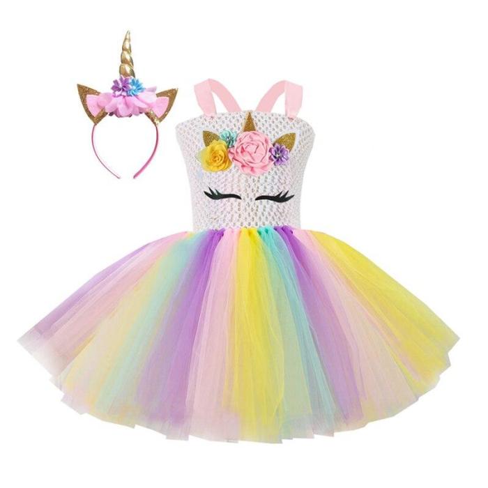 Unicorn Costume Dress Girl  Rainbow Birthday Party Gift Princess Tutu Dress Christmas Halloween Costume For Kids Full Sets