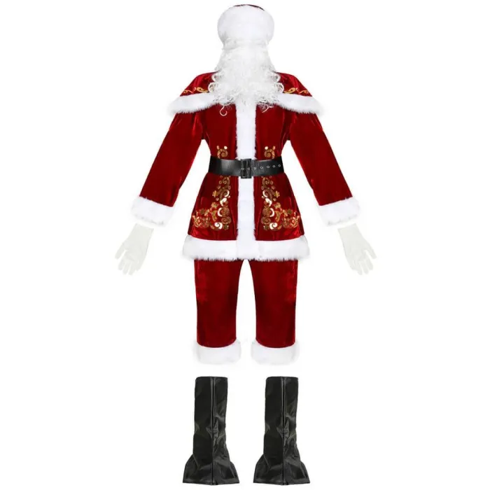 9Pcs/Set Xmas Santa Claus Suit Adult Christmas Cosplay Costume Red Deluxe Velvet Fancy Xmas Party Man Costume