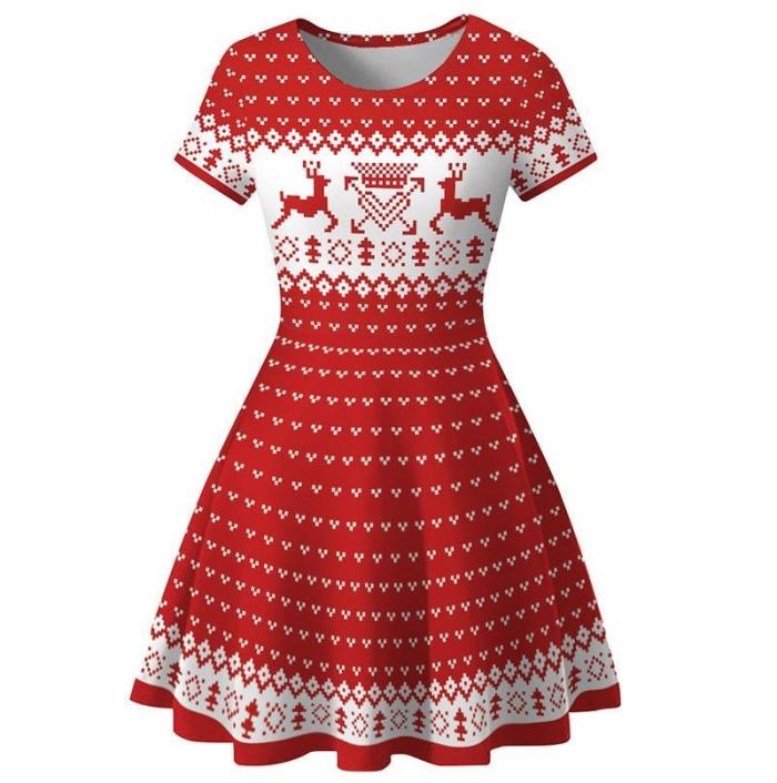 Elegant Print Women Christmas Dress  Short Sleeve High Waist Big Swing Vintage Xmas Party Sundress Casual Plus Size Robe Femme