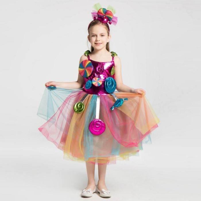 Rainbow Candy Costume Cosplay Girls Halloween Costume For Kids Christmas Costume Children Candy Princess Dress