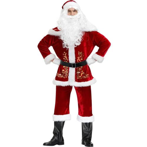 9Pcs/Set Xmas Santa Claus Suit Adult Christmas Cosplay Costume Red Deluxe Velvet Fancy Xmas Party Man Costume