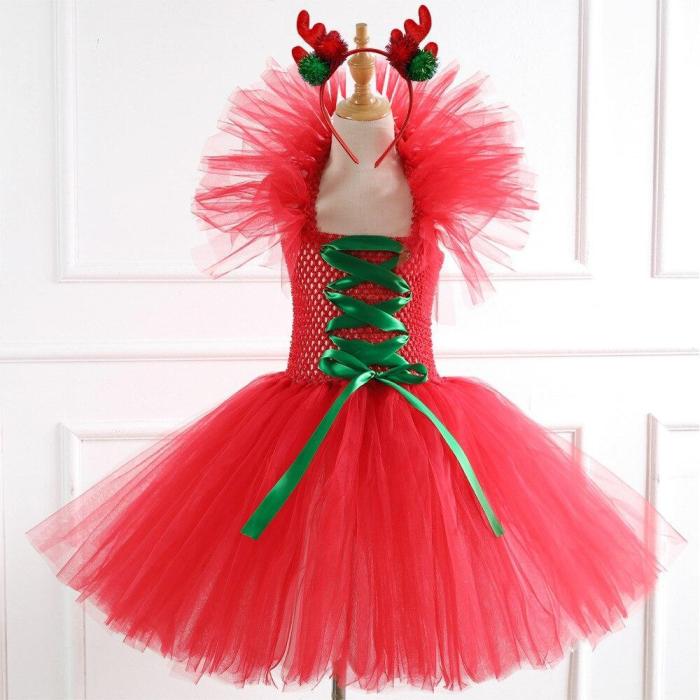 Christmas Princess Dress Reindeer Costume Cosplay Santa Claus Girls Mesh Tutu Handmade Dress Christmas Costume For Kids