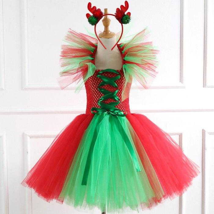 Girls Reindeer Dress Pricess Costume Handmade Tutu Mesh Dress Up  Christmas Costume For Kids