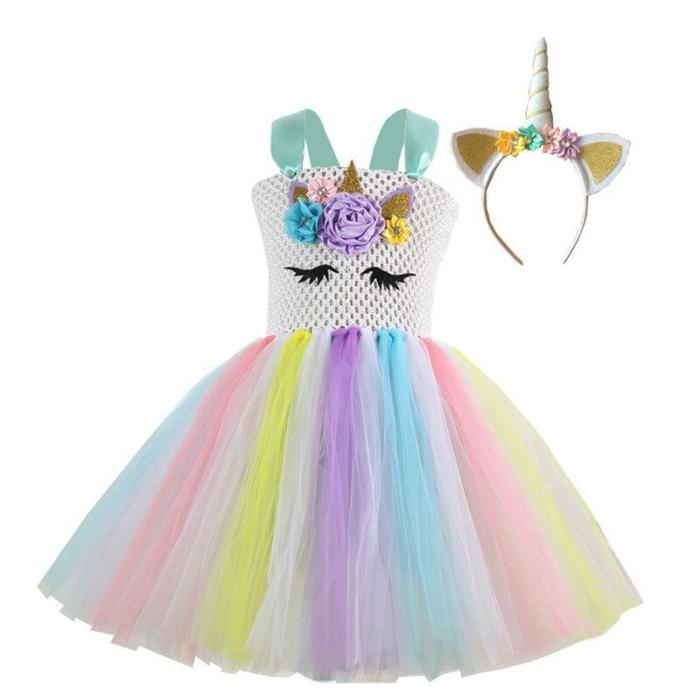 Unicorn Costume Dress Girl  Rainbow Birthday Party Gift Princess Tutu Dress Christmas Halloween Costume For Kids Full Sets