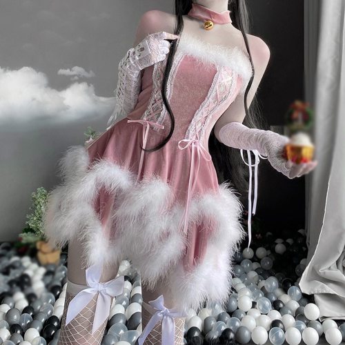 Women Christmas Xmas Lady Santa Claus Cosplay Costume Sexy Lingeries Exotic Winter Pink Tube Dress Maid Waitress Uniform