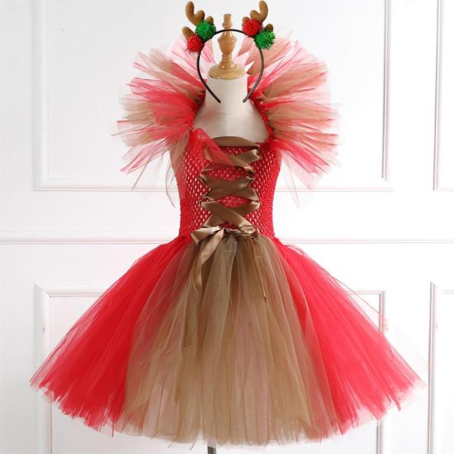 Girls Reindeer Dress Pricess Costume Handmade Tutu Mesh Dress Up  Christmas Costume For Kids