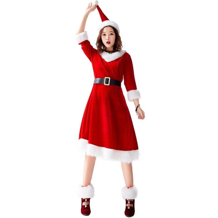 Adult Christmas Clothes Women Dress Cosplay Costume V-Neck Festivals Party  One Piece Dress Performance?Wear  Year'S Clothes