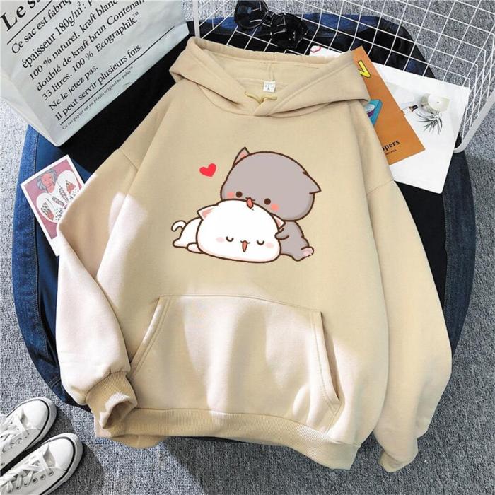 Peach Cat Kawaii Cute Plus Size Hoodies Warm Harajuku Oversized Sweatshirt Women Cartoon Winter Print Pullovers Loose Streetwear