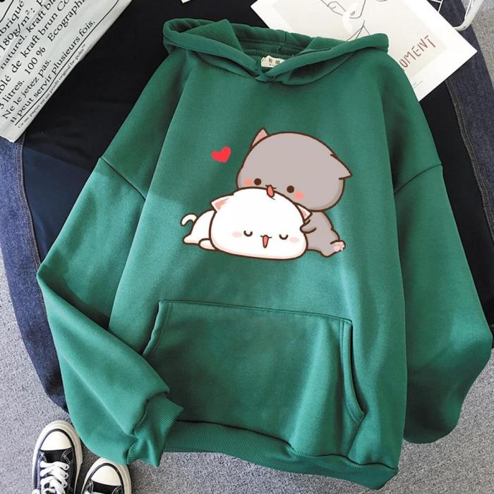 Peach Cat Kawaii Cute Plus Size Hoodies Warm Harajuku Oversized Sweatshirt Women Cartoon Winter Print Pullovers Loose Streetwear