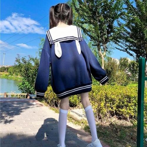 Bunny Hoodie Women Kawaii Sailor Collar Sweatshirt With Lush Sleeves Korean Casual E Girl Bow Tracksuit Cute Tops