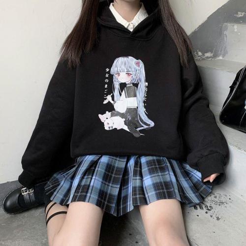Anime Women Winter Sweatshirt Long Sleeve Plus Velvet Pullover Black Casual Loose Hoodie