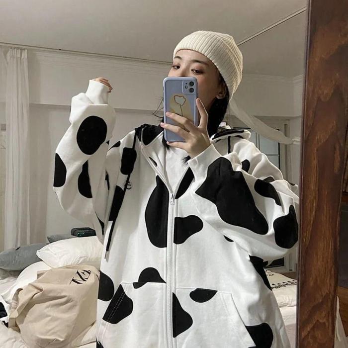 Cow Print Zip Up Hoodie Women Kawaii Zipper Sweatshirt Korean Style Autumn Winter Cute Tops Harajuku Tracksuit