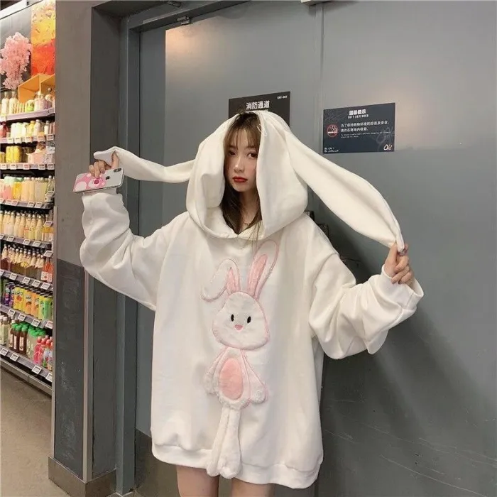 Bunny Hoodie Women Kawaii Pink Korean Rabbit Sweatshirt Embroidery Pullover Loose Long Sleeve Plus Size Cute Tops