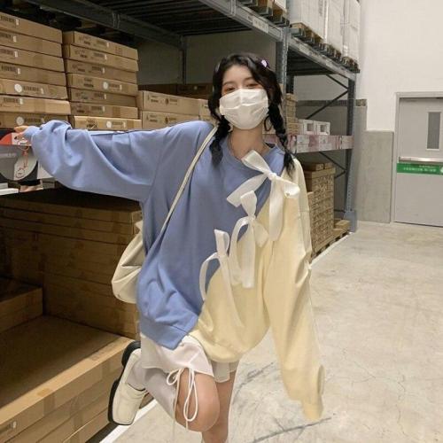 Cotton Patchwork Hoodie With Bow Kawaii Long Sleeve Crewneck Sweatshirt Korean Style Fall Soft Girl Cute Tops Kpop