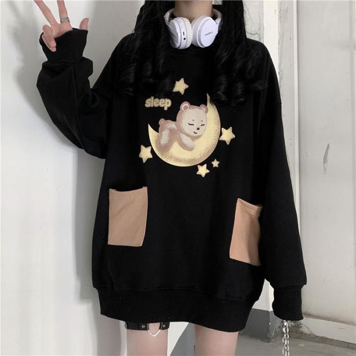Korean Style Kawaii Bear Print Sweatshirt Women Long Sleeve Cute Plus Size Tops Plus Velvet Pullover