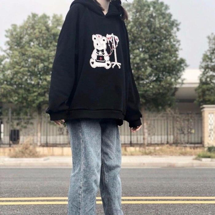 Kawaii Bear Print Hoodie For Girls Anime Sweatshirt Black Gothic Alt Clothes Korean Style Long Sleeve Tops