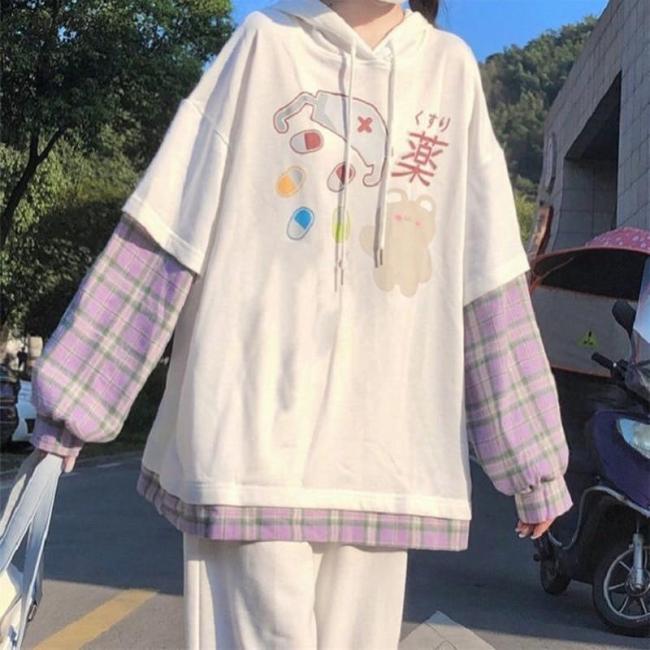 Anime Print Hoodie For Teens Kawaii Long Sleeve Striped Sweatshirt Korean Cute Tops E Girl S Aesthetic