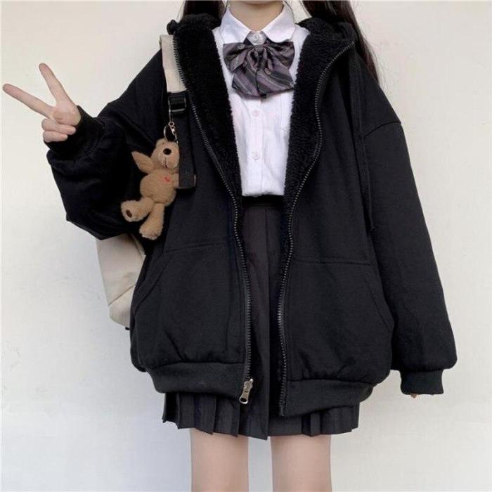 Kawaii Zipper Hoodie For Teens Cotton Cardigan Autumn Winter Korean Style Uniform Zip Up Sweatshirt Plus Velvet Thick