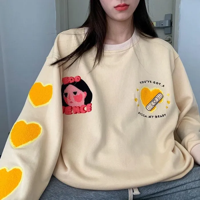 Kawaii Crewneck Sweatshirt Heart Print Hoodies E Girl Korean Style Yellow Top Pink Long Sleeve Pullover