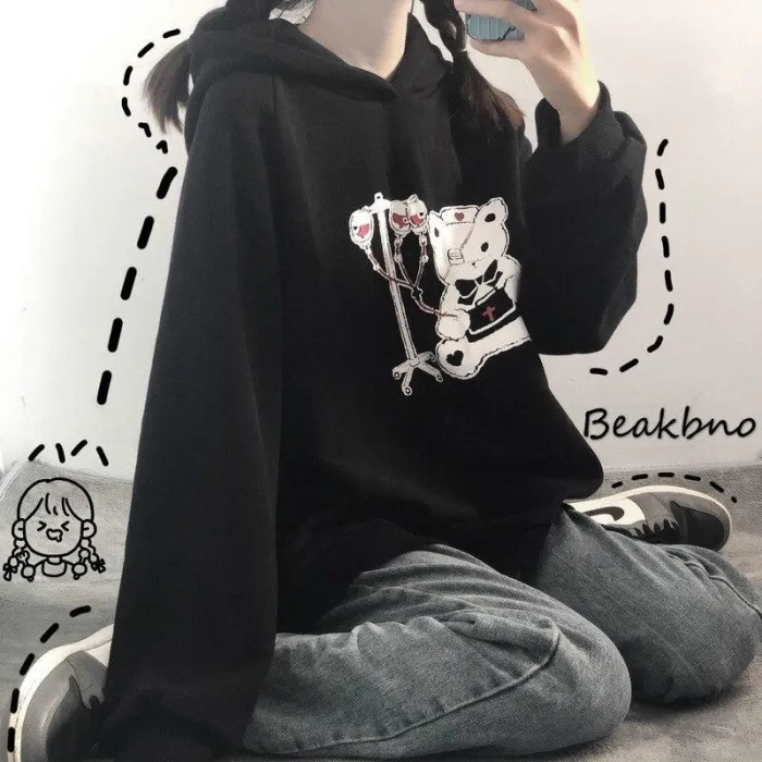 Kawaii Bear Print Hoodie For Girls Anime Sweatshirt Black Gothic Alt Clothes Korean Style Long Sleeve Tops