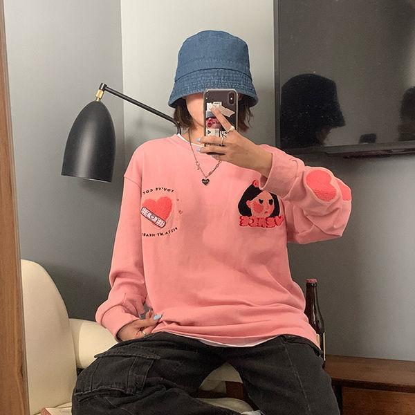 Kawaii Crewneck Sweatshirt Heart Print Hoodies E Girl Korean Style Yellow Top Pink Long Sleeve Pullover