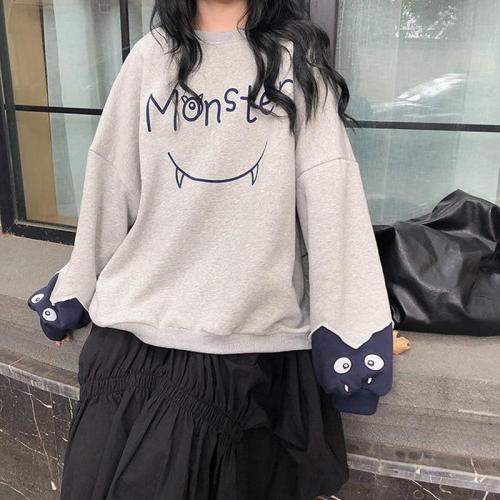 Kawaii Cartoon Print Hoodie Women Emo Graphic Sweatshirt Patchwork Long Sleeve Crewneck Top