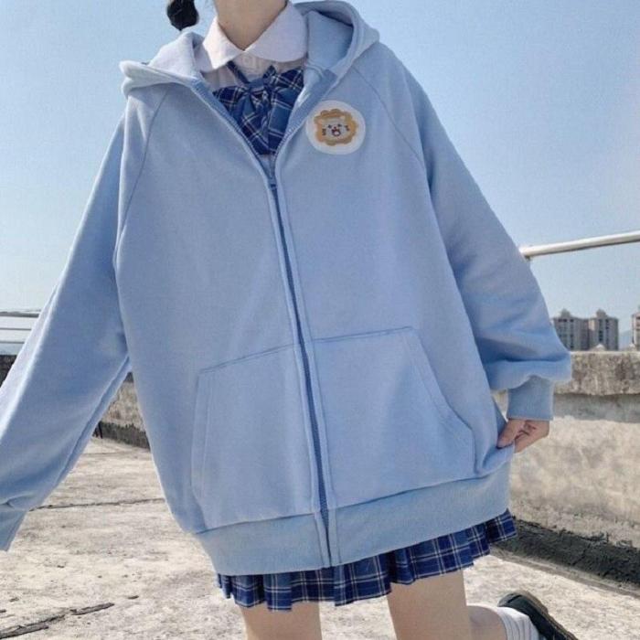 Kawaii Autumn Winter Cartoon Embroidery Zip Up Hoodie Long Sleeve Loose Tops Blue Sweatshirt Women