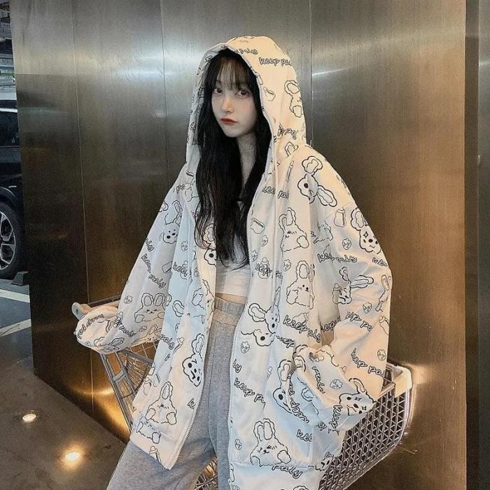 Kawaii Korean Style Zip Up Hoodie Ladies Sweatshirt Long Sleeve Cute Top Harajuku Pullover
