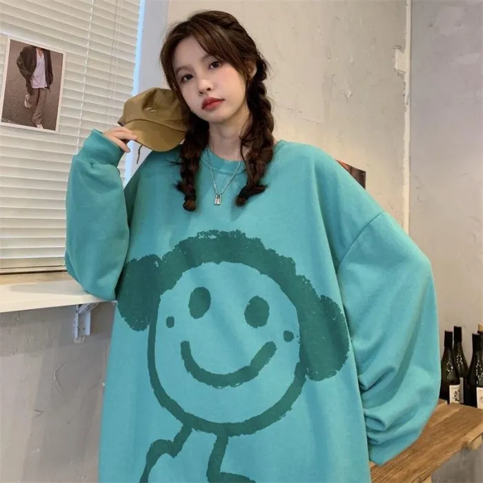 Kawaii Graffiti Hoodie Women Anime Print Long Sleeve Crewneck Sweatshirt Cotton Fall Casual Streetwear Alt Clothes