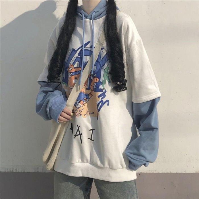 Japan Style Anime Print Hoodie Women Kawaii Sweatshirt Patchwork Oversized Long Sleeve Cute Tops E Girl Casual Clothes