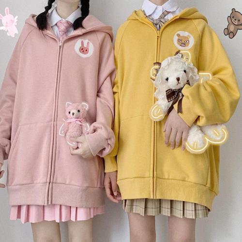 Kawaii Autumn Winter Cartoon Embroidery Zip Up Hoodie Long Sleeve Loose Tops Blue Sweatshirt Women