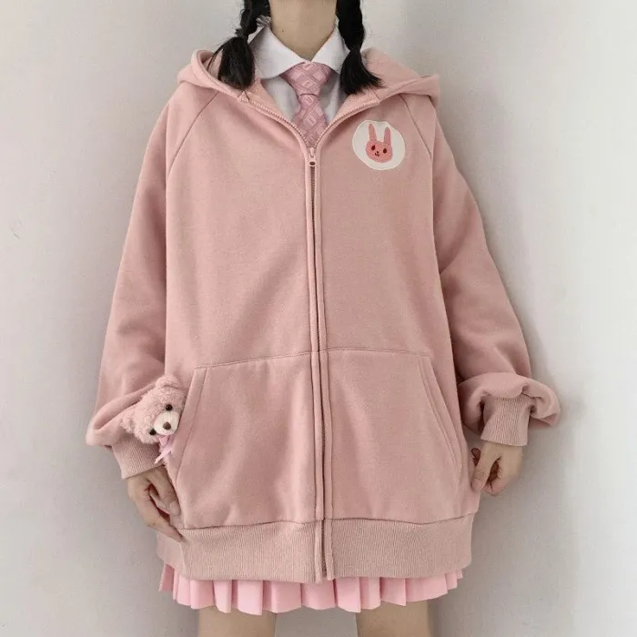Kawaii Autumn Winter Cartoon Embroidery Zip Up Hoodie Long Sleeve Loose Tops Blue Sweatshirt Women